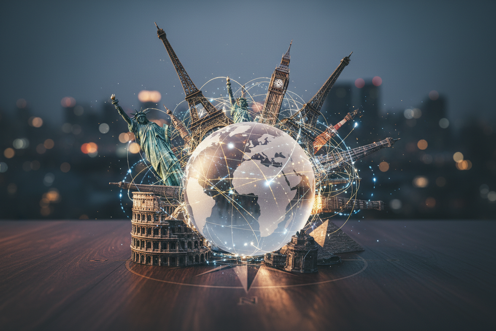 World travel concept with famous landmarks connected globally