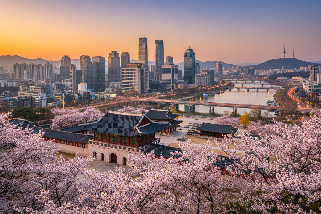 Beautiful Seoul South Korea cityscape with Gyeongbokgung Palace